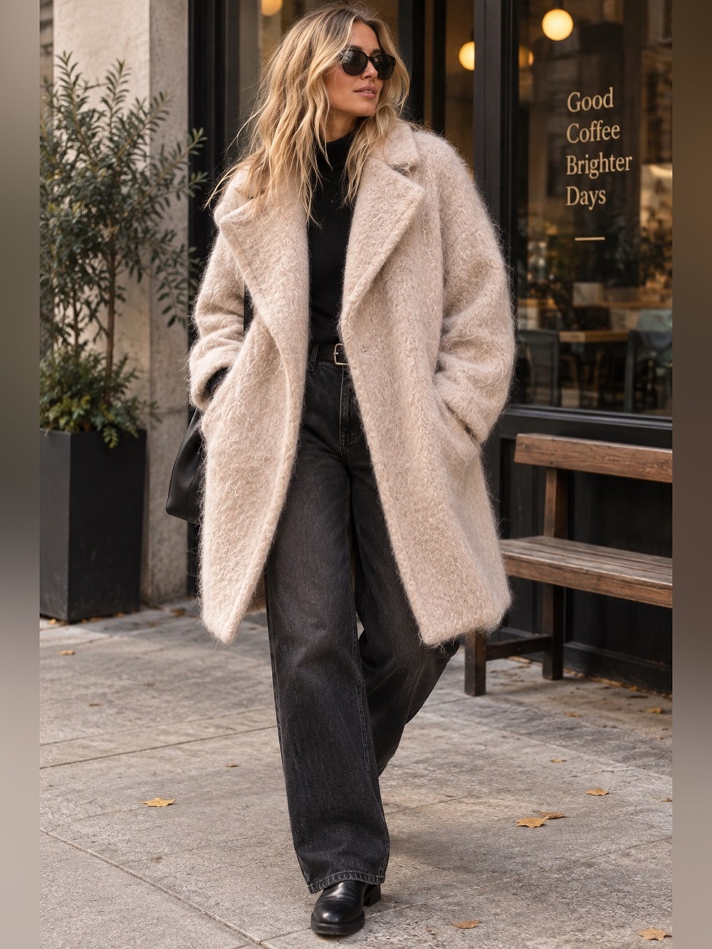 H&M Fuzzy Mohair Look Oversized Cocoon Coat Cream Blush EU 36 US 6